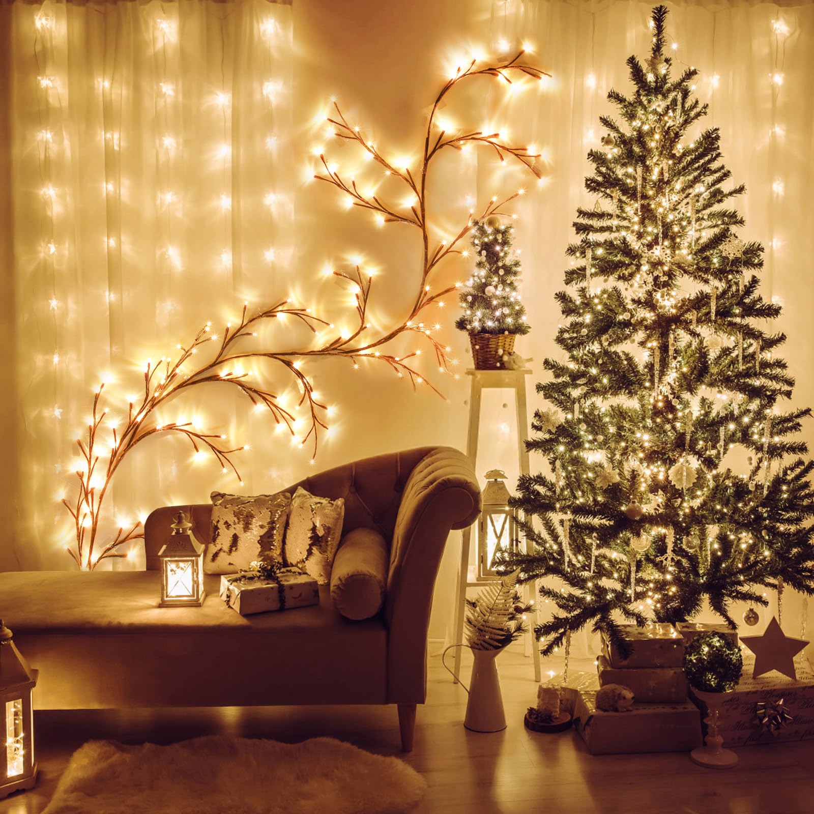 Arbre Lumineux LED, Arbres Guirlande Lumineuse, Decoration Murale, 144 LED Pliables Lumineuse Saule Artificielles, pour Mur Chambre Salon Décoration - 2