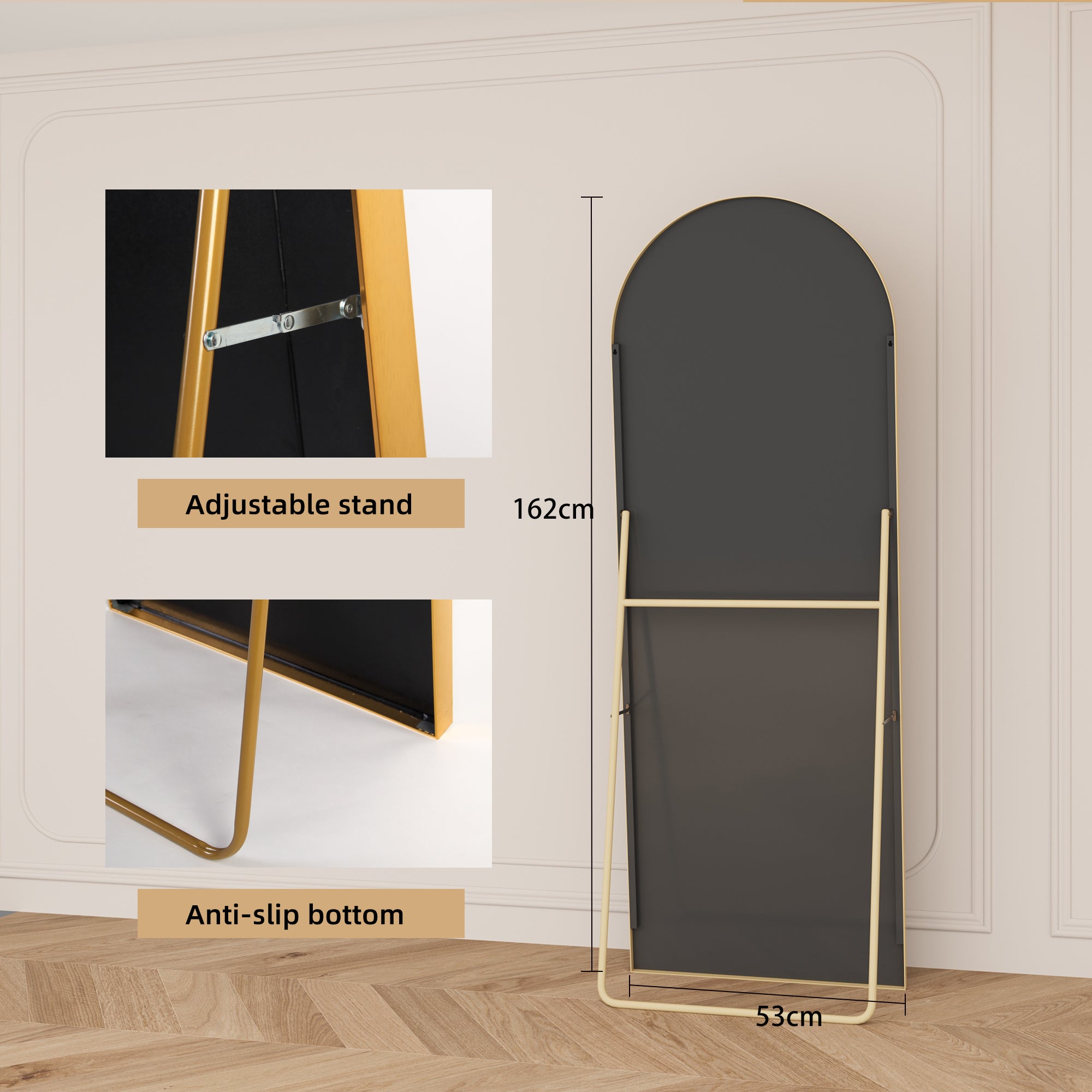 Miroir sur Pied 162x53cm, Miroir Pleine Longueur Arqué avec Cadre en Aluminium, Miroir Mural avec Support pour Chambre, Salon et Dressing, Doré - 7