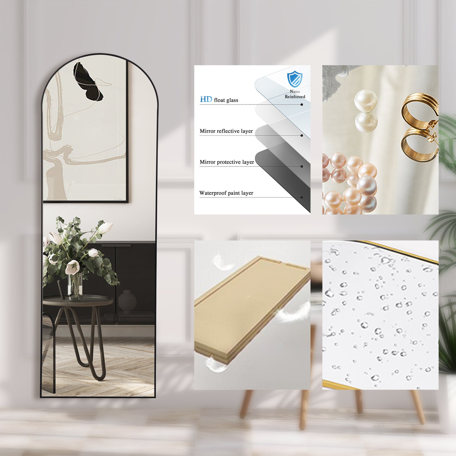 Specchio da terra curvo 147x44 cm, grande specchio da appoggio e parete, ideale per camera, soggiorno, corridoio, cornice nera. - 3