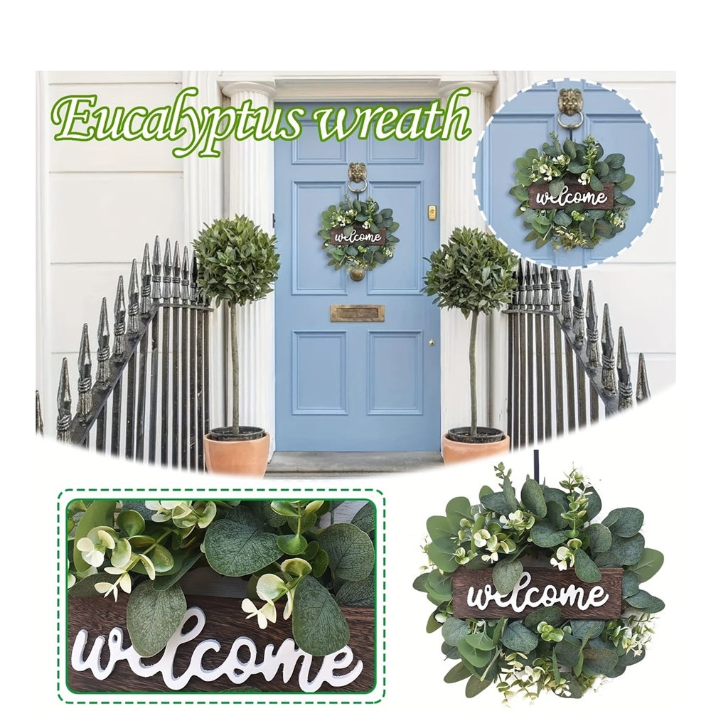Couronne d'eucalyptus de bienvenue, couronne de fleurs artificielles en feuilles d'eucalyptus, porte d'entrée, fenêtre, décoration de jardin - 4
