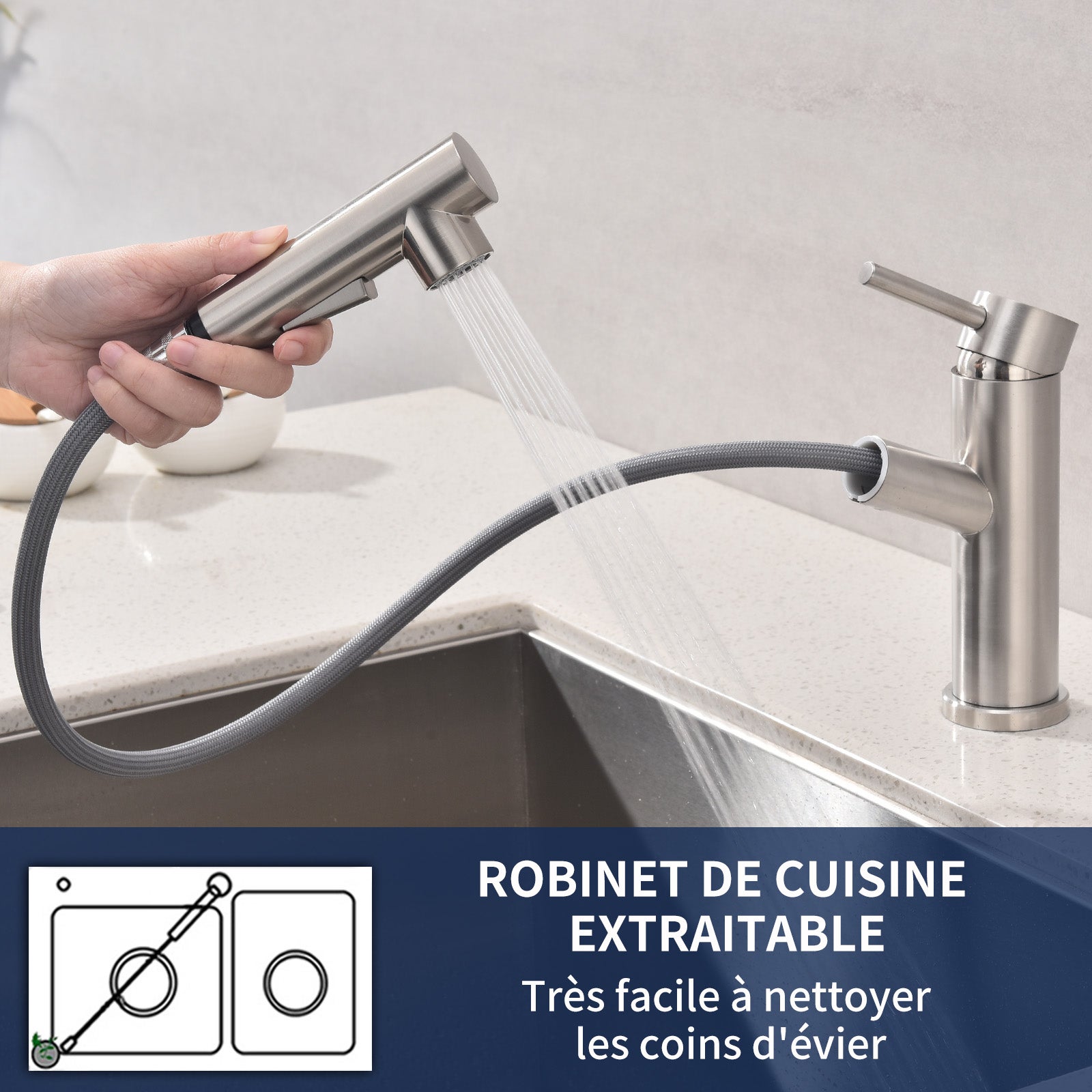 Mitigeur Cuisine avec 2 Modes de Jet Robinet Cuisine avec Douchette Extractible Mitigeur Evier en Inox Brosse Eau Chaude et Froide - 3