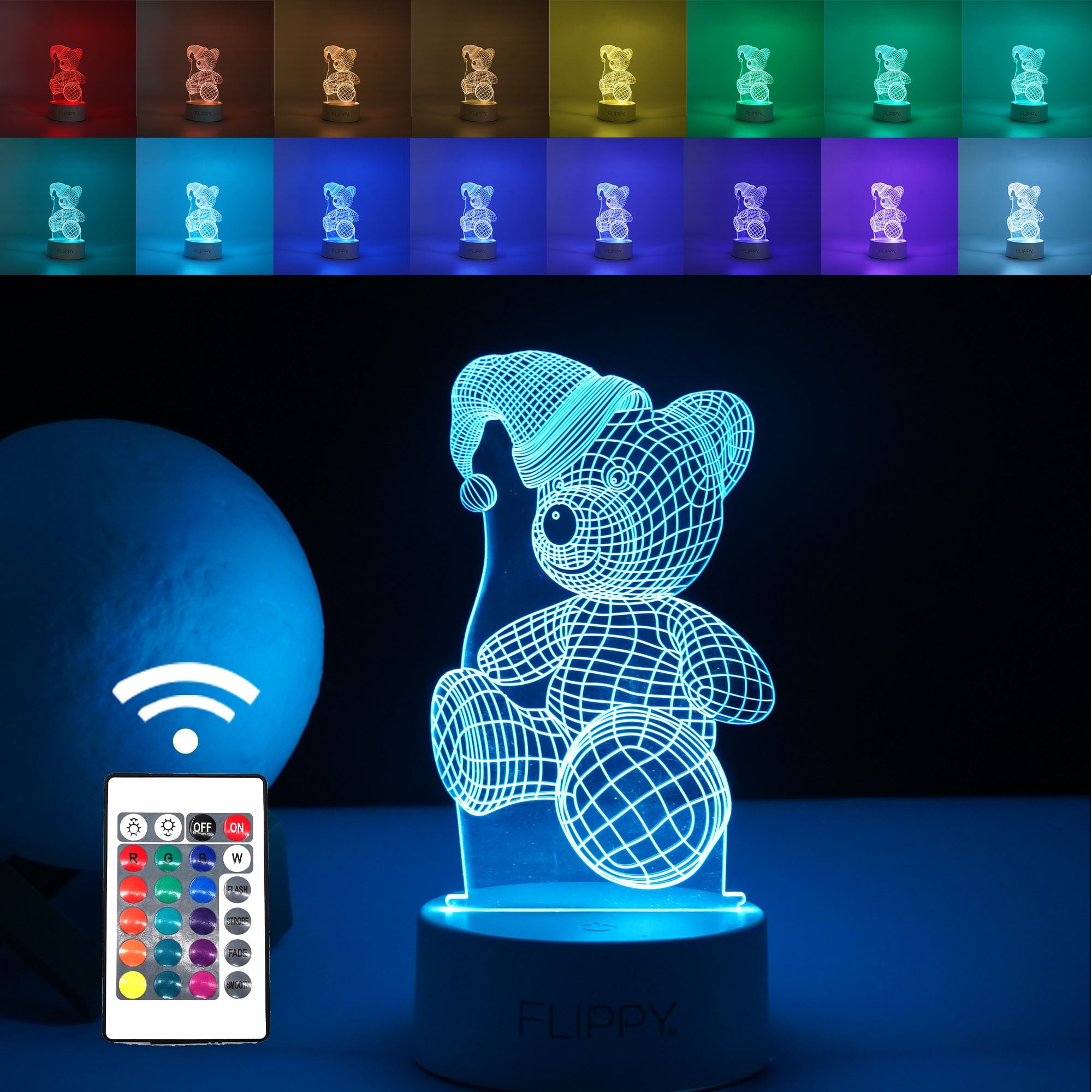 Lampa LED decorativa, Flippy, 3D, Urs cu palarie, cu telecomanda, doua moduri de alimentare USB si baterii, 20 cm inaltime, din material acril si