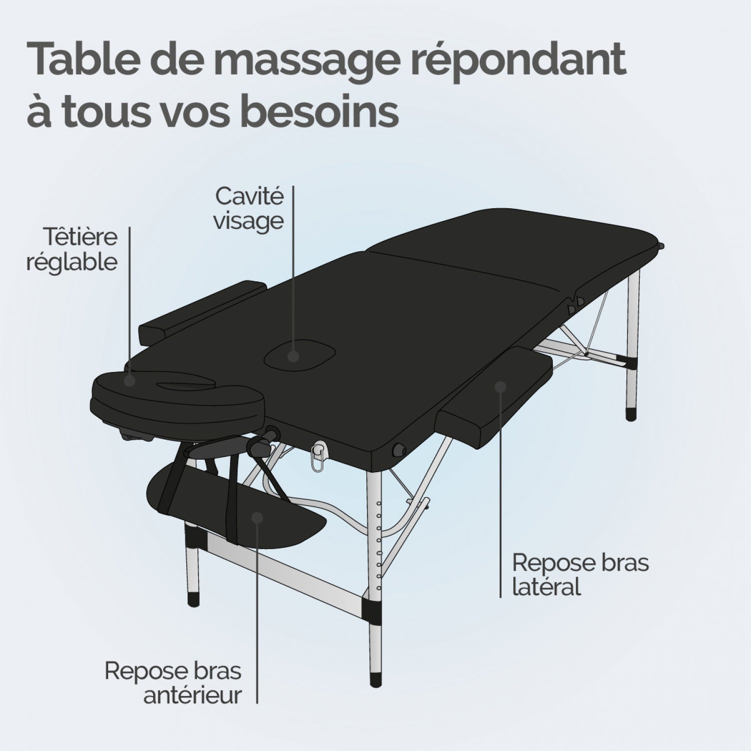 Table de massage pliante 2 zones en aluminium + Accessoires et housse de transport - Noir - Vivezen - 2