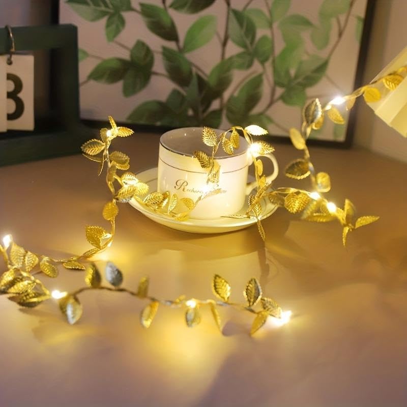 Guirlande lumineuse feuille d'or - 5 mètres, 50 LED - Fonctionne avec piles - Décoration d'automne - Lumière blanche chaude - 9