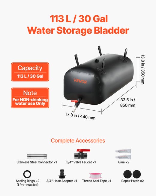 Réservoir d'Eau Souple 132 L, Vessie de Stockage Eau Pliable, Sac Réservoir d'Eau Souple 132 L, Vessie de Stockage Eau Pliable, Sac