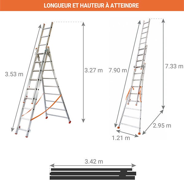 Echelle transformable 3x12 barreaux - Longueur déployée 7,90m - Sol plat ou escalier - ATL350-3 - 2