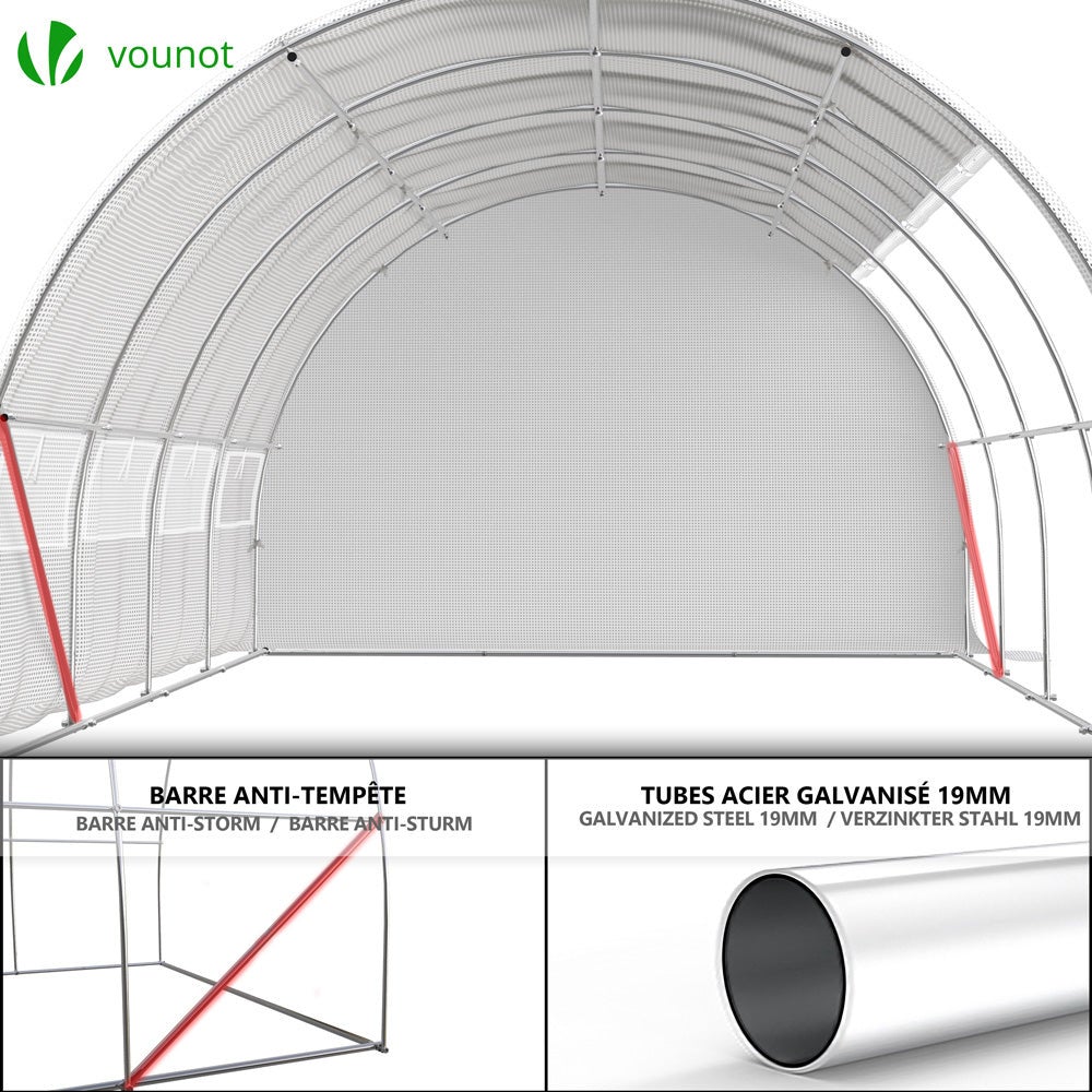 Serre de jardin tunnel Toute Saison 12m² - fenêtres et portes latérales zippées enroulables, barre anti-tempête - VOUNOT® - 7