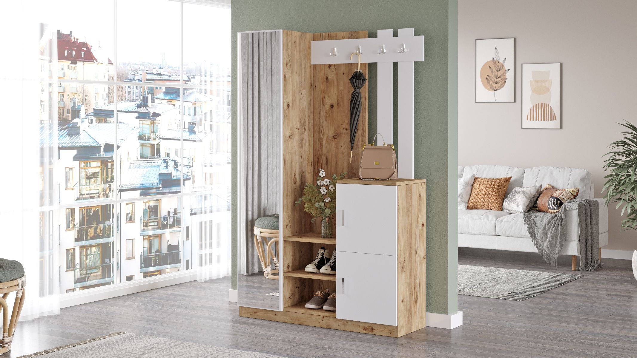 Mobile Ingresso Con Scarpiera Appendiabiti E Specchio 113x35x180 Rovere E Bianco Roger - 3