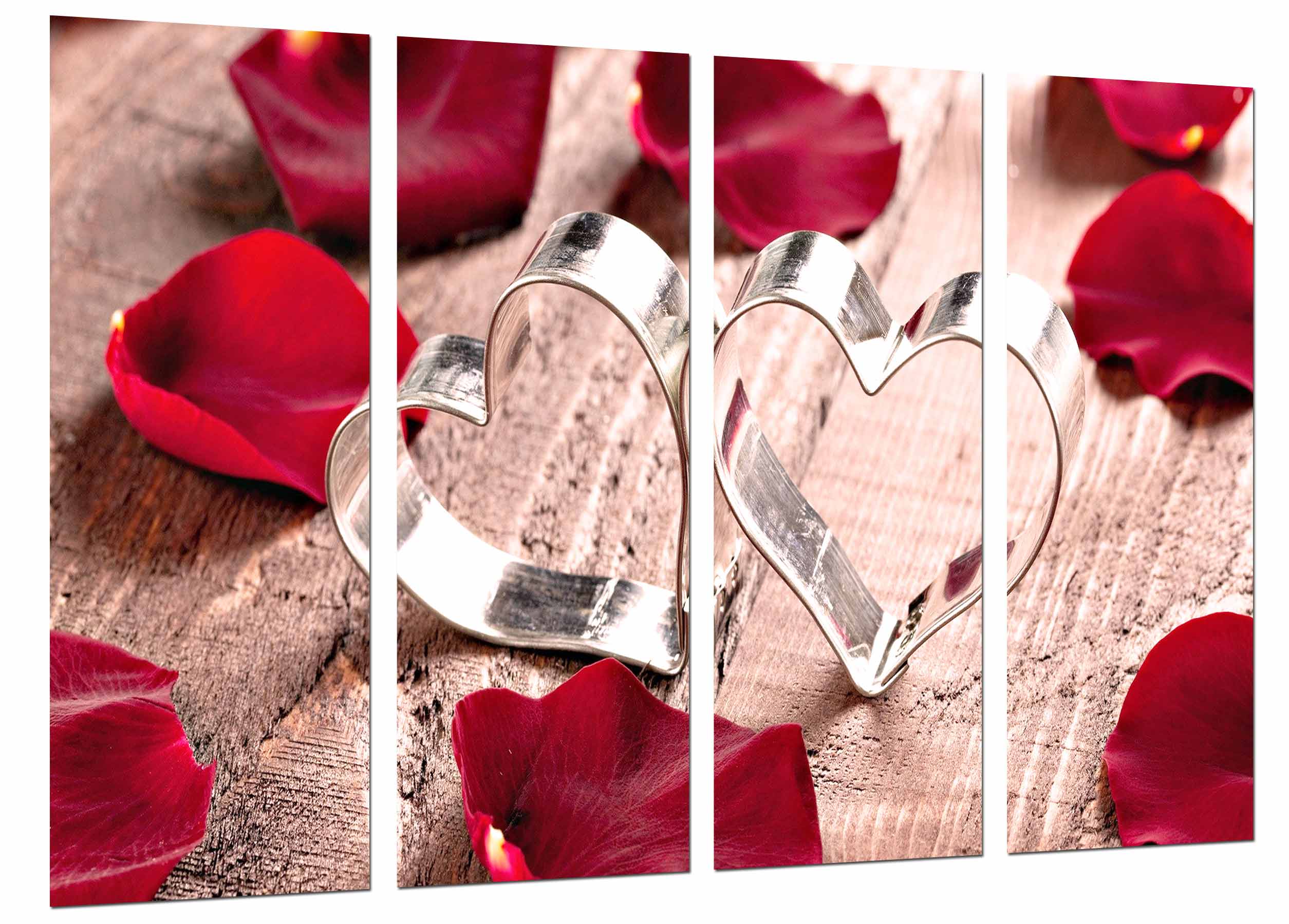 Corazones plata en fondo madera y petalos, impresión fotográfica sobre madera, cuadro moderno decorativo