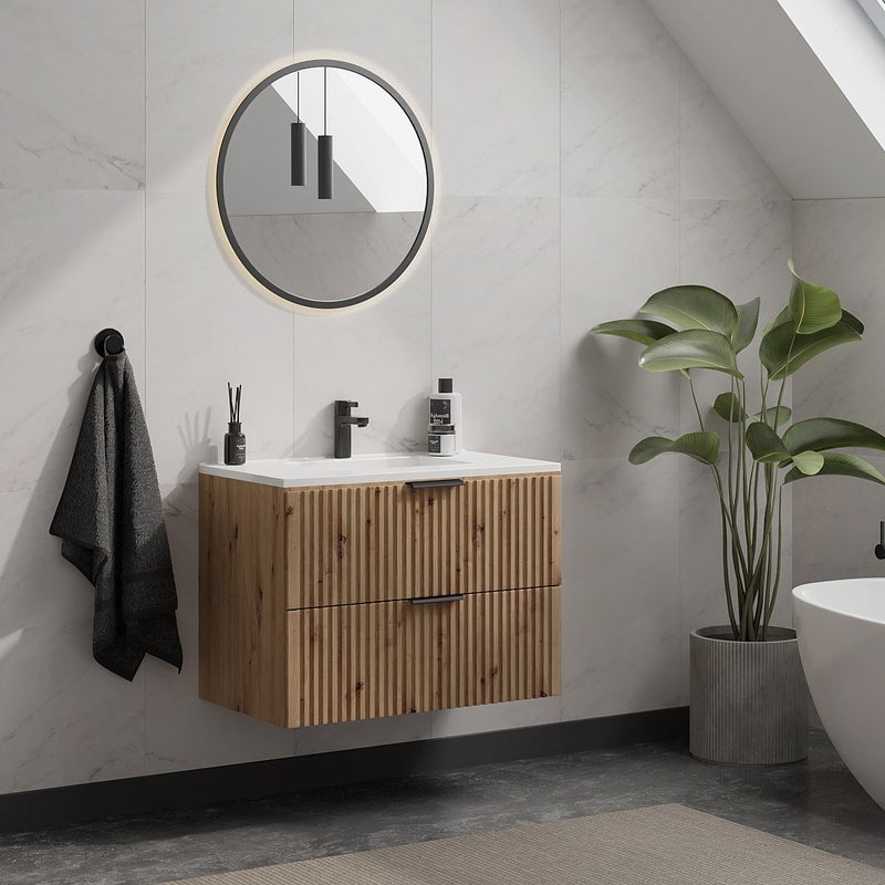 Szafka łazienkowa wisząca ryflowana z umywalką wpuszczaną w blat - Naturalny jasny - 80 cm - ZEVARA