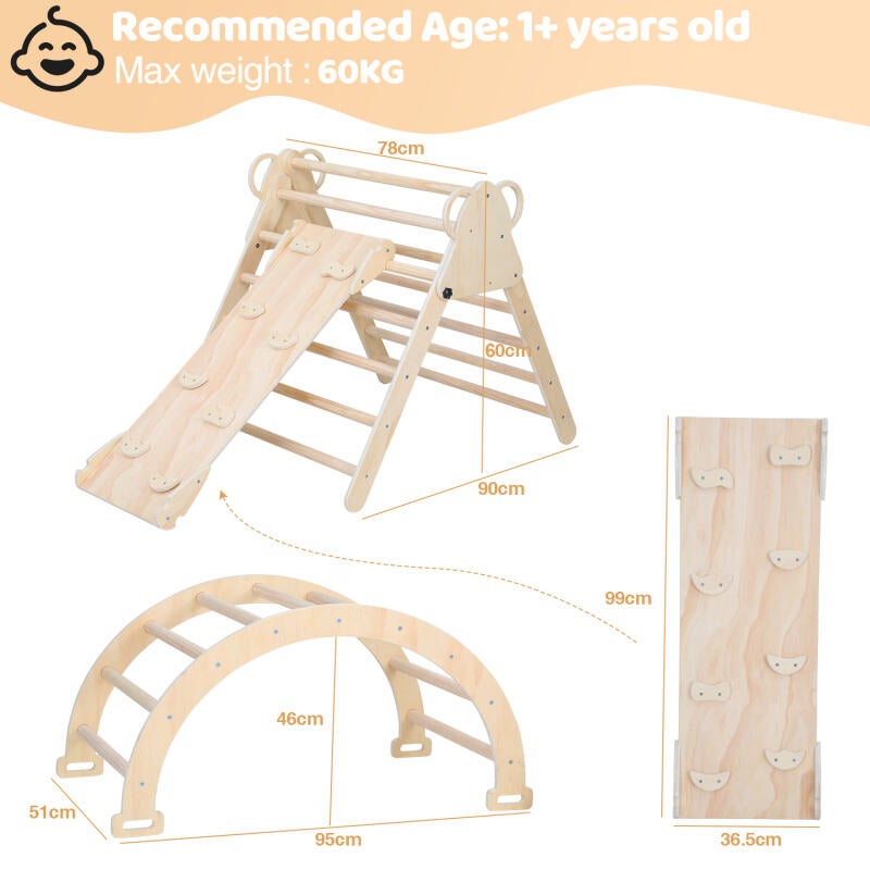 Ensemble d'Escalade,3 en 1 Triangle d'escalade Enfants avec Rampe Réversible,Naturel,pour Tout-Petits Bébé 2 An+ - 2