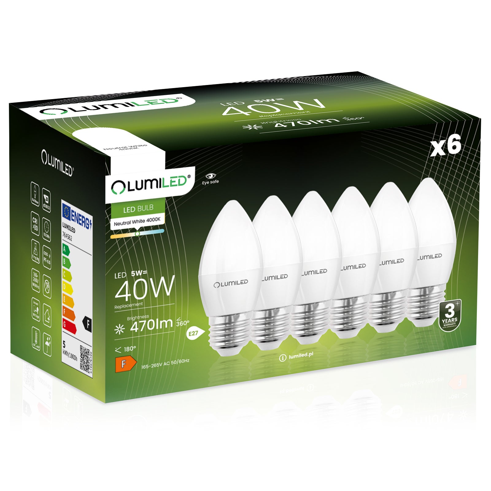 6x Żarówka Lumiled LED E27 Świeczka B35 5W = 40W 470lm 4000K Neutralna 180st