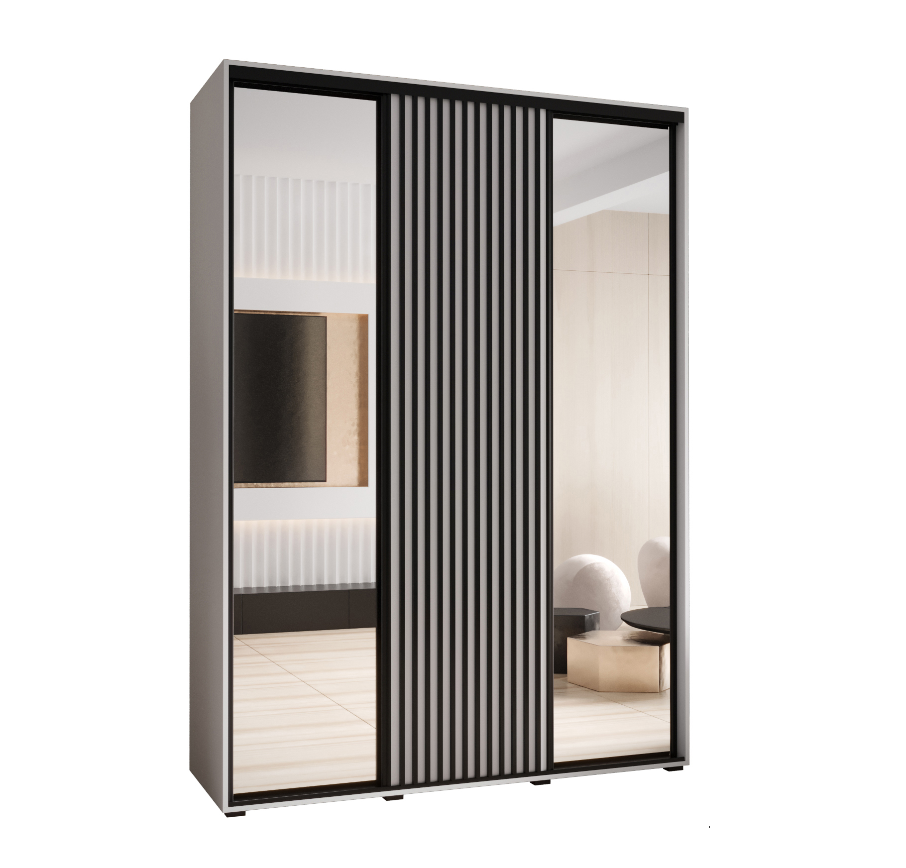 Szafa przesuwna z lustrem wysoka Lanko 2 180 x 60 x 235,2 cm biały + biały + lamele czarny - Abiks Meble