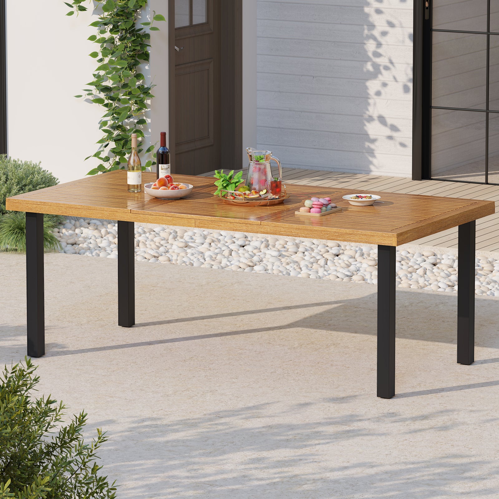 Table à Manger Extérieur en Bois d'Acacia Certifié FSC pour 8 Personnes, Table 200x100 cm avec Trou pour Parasol 5 cm, Pied en Métal - 7