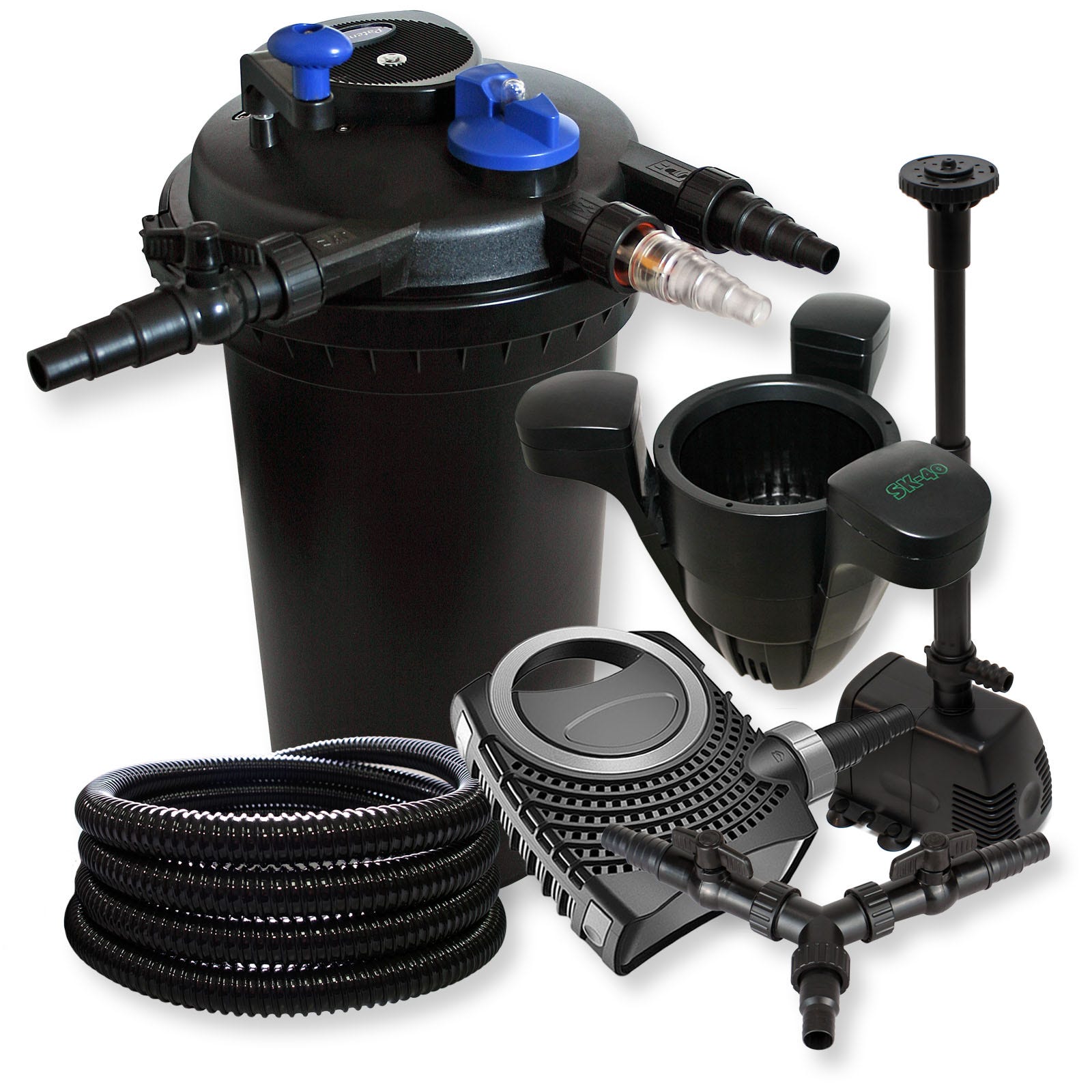 Sunsun Set Set SunSun Filtro a pressione 30000l 18W UVC NEO10000 Pompa 80W Tubo ...