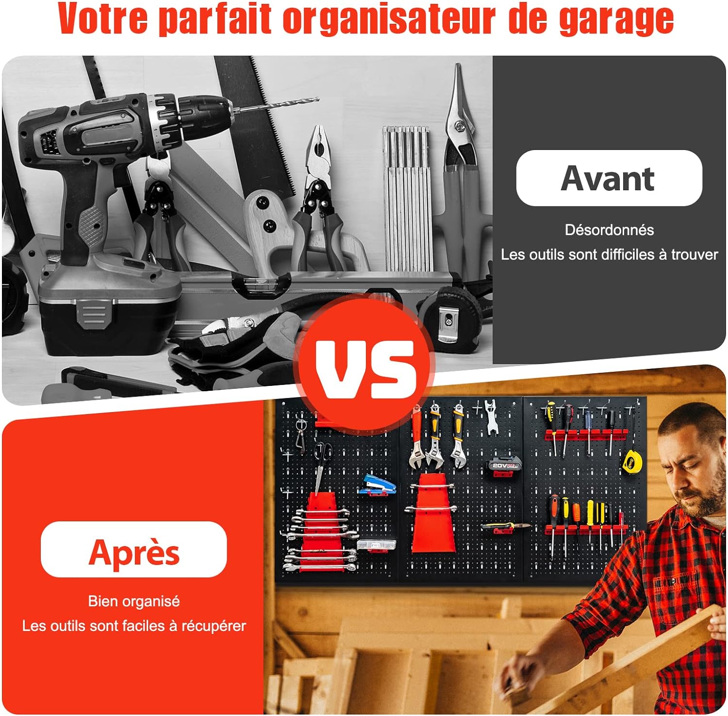 Organizador de parede com painel perfurado, kit de arrumação de ferramentas em metal - 5