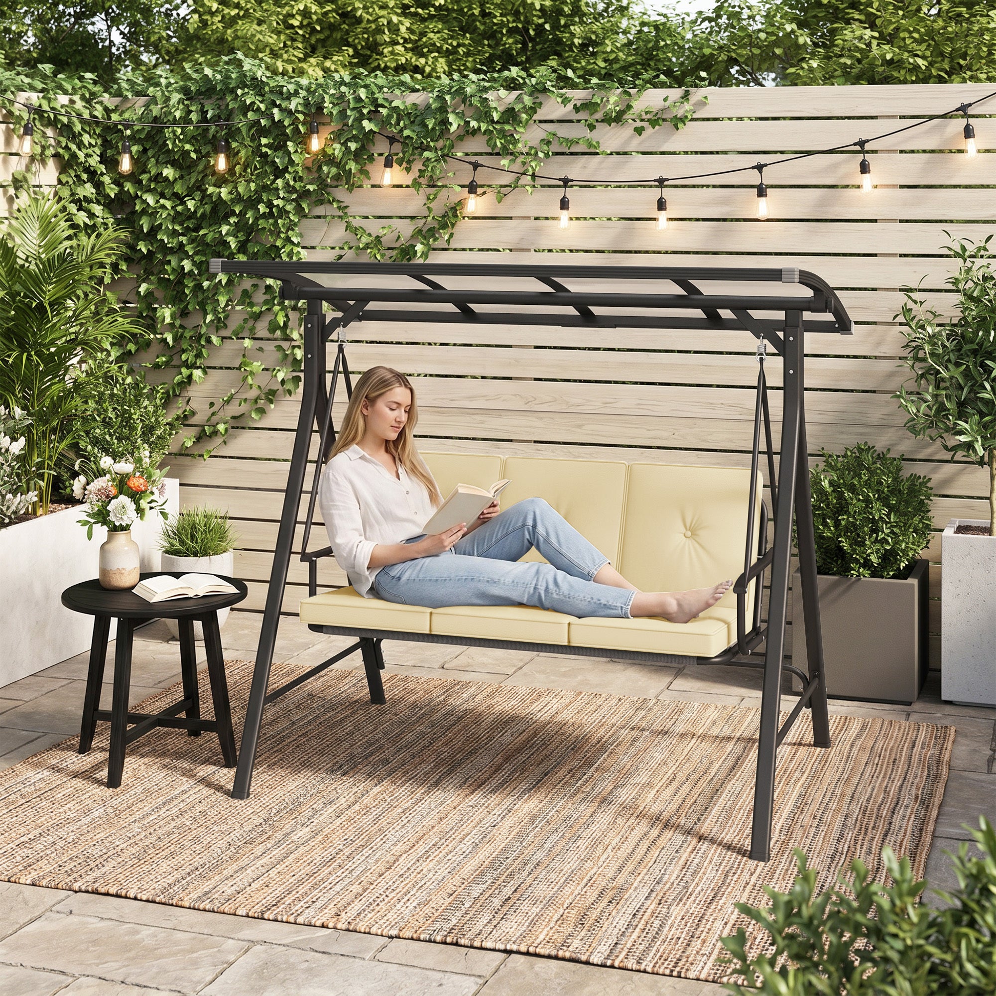 Balancelle de jardin 3 places avec toit transparent,structure métallique noire avec coussins beige - 9