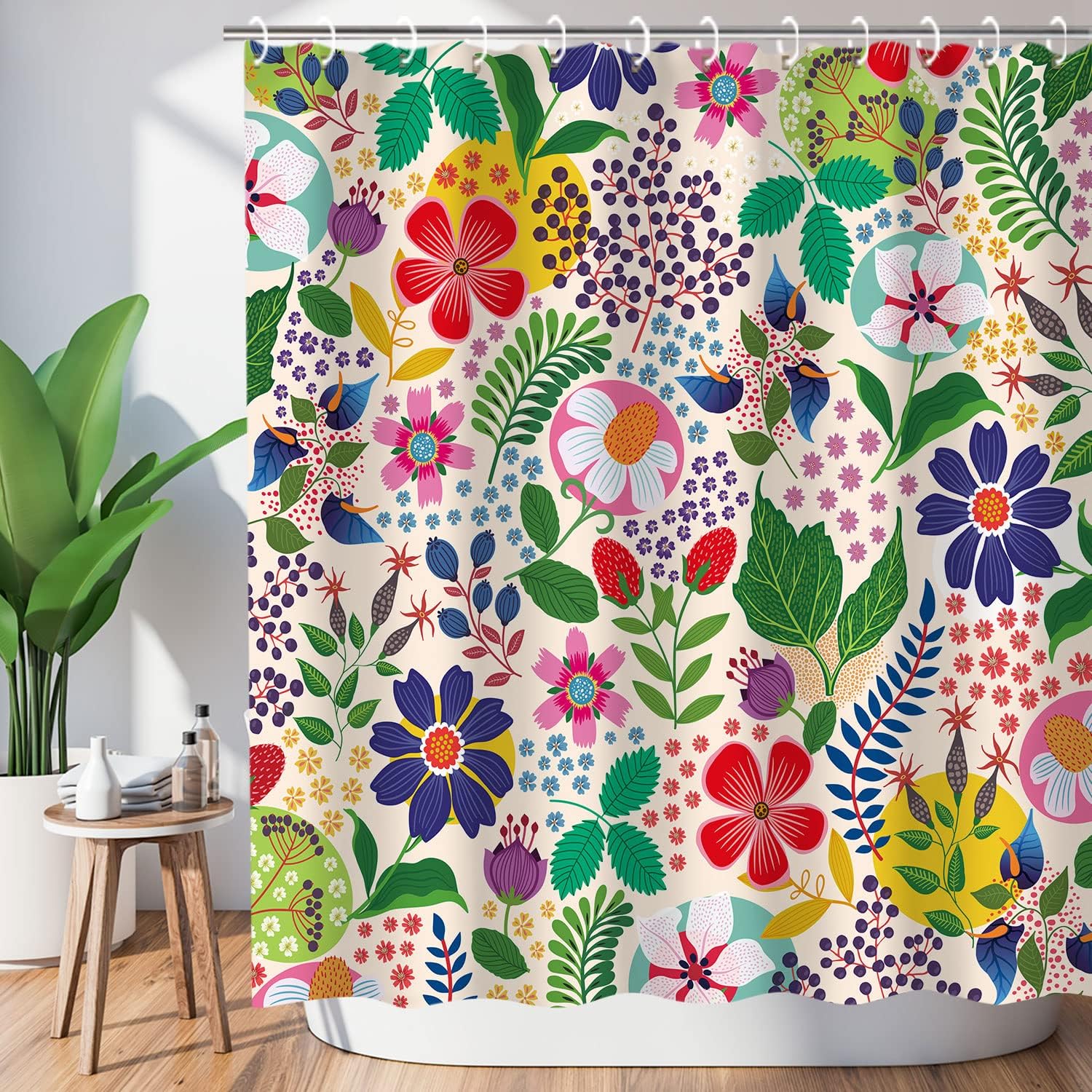 Zasłona prysznicowa z kwiatowym wzorem – wyjątkowy, kolorowy, boho wzór kwiatowy z tkaniny w stylu boho do łazienki, 180 x 180 cm
