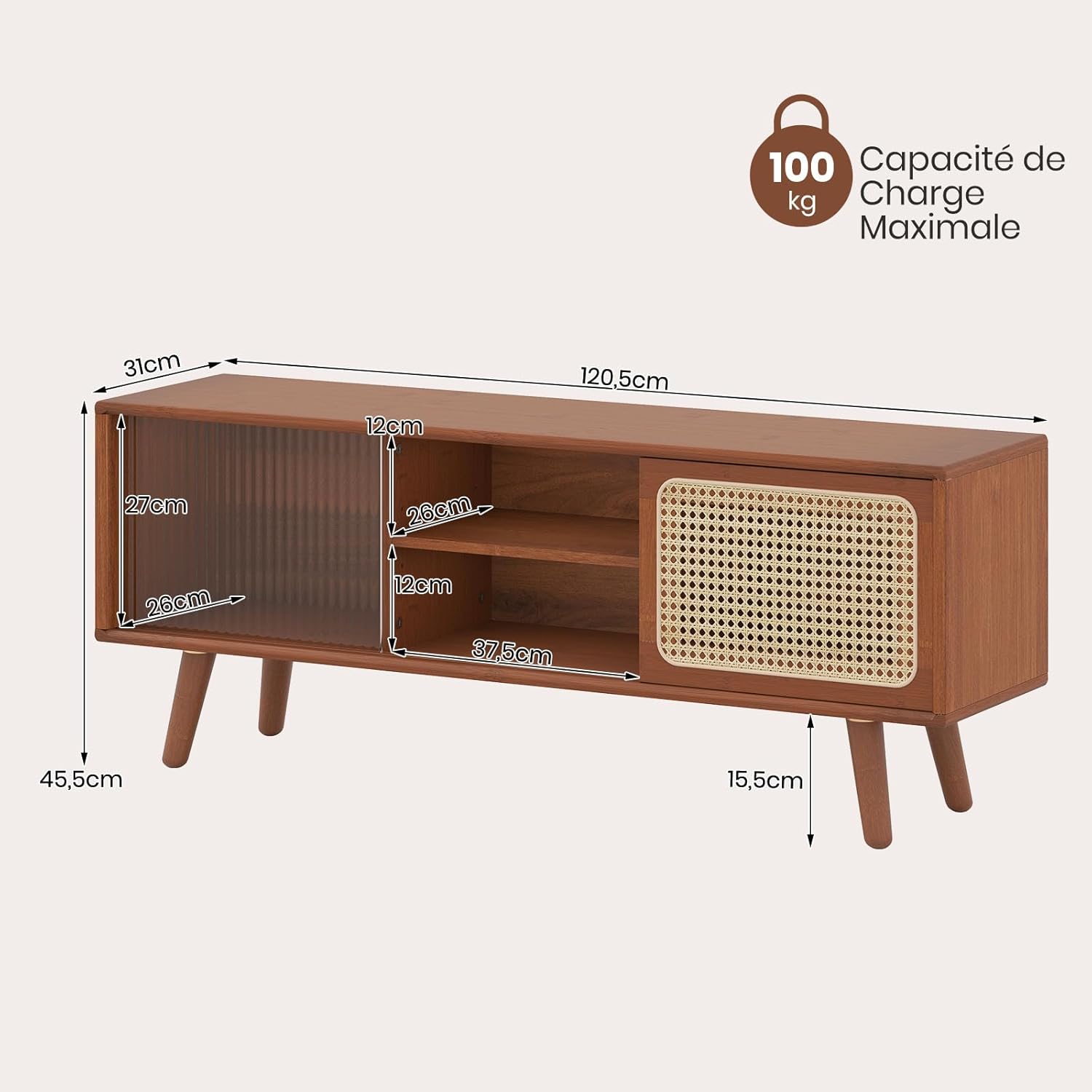 Meuble TV en Bambou avec 4 Compartiments pour TV 55