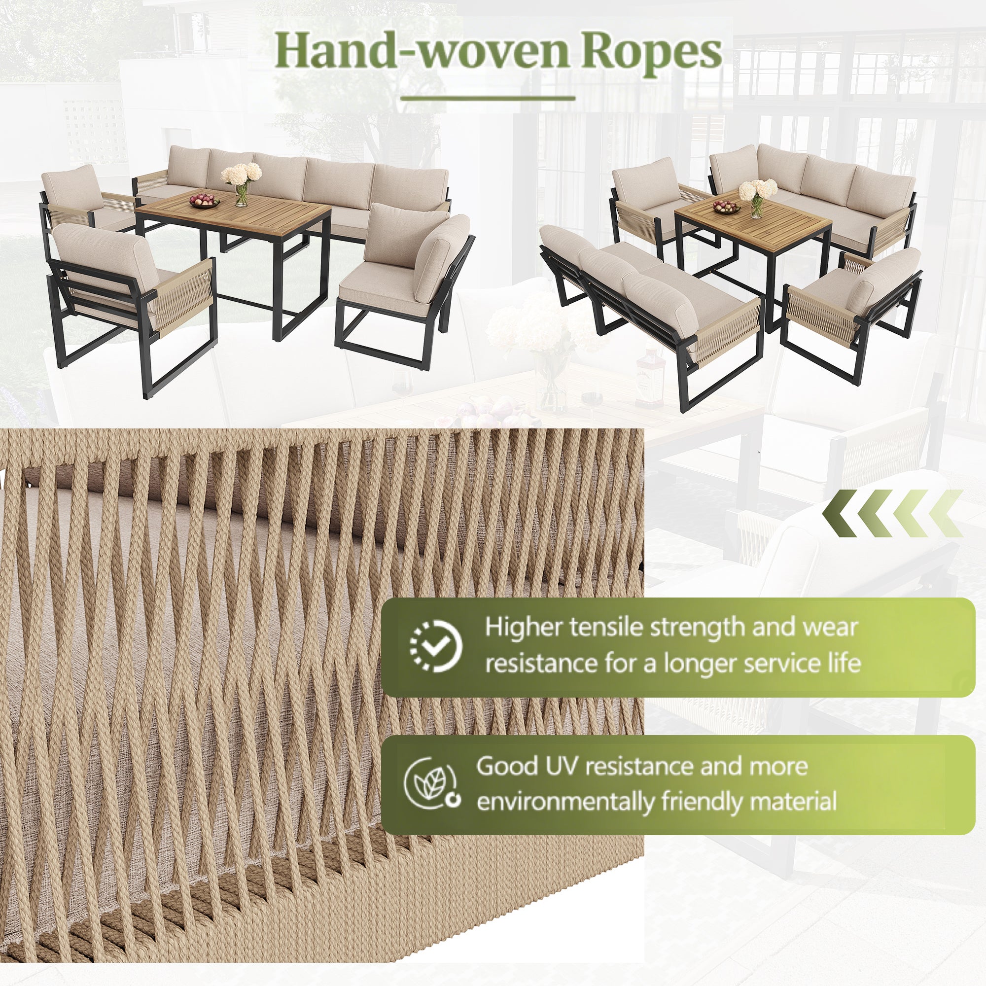 Conjunto Jardin Exterior Sofá Esquinero Para 6-8 Personas De Chapa Galvanizada, 2 Sillones + Mesa Tablero de Acacia, Muebles Terraza Balcón - Beige - 6