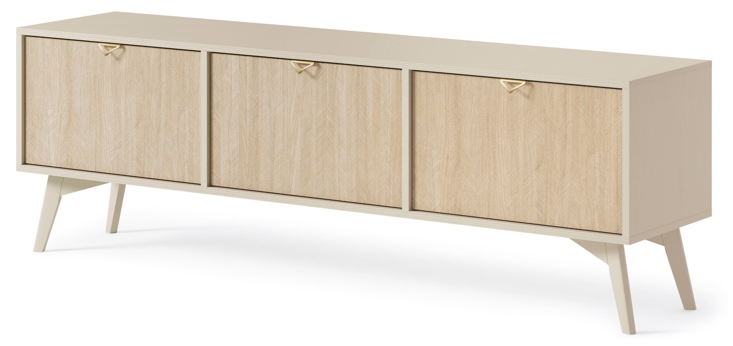 Szafka RTV: piaskowo-beżowy / wzór skandynawskiej jodełki, drewniane nogi, 158 x 52 x 38 cm