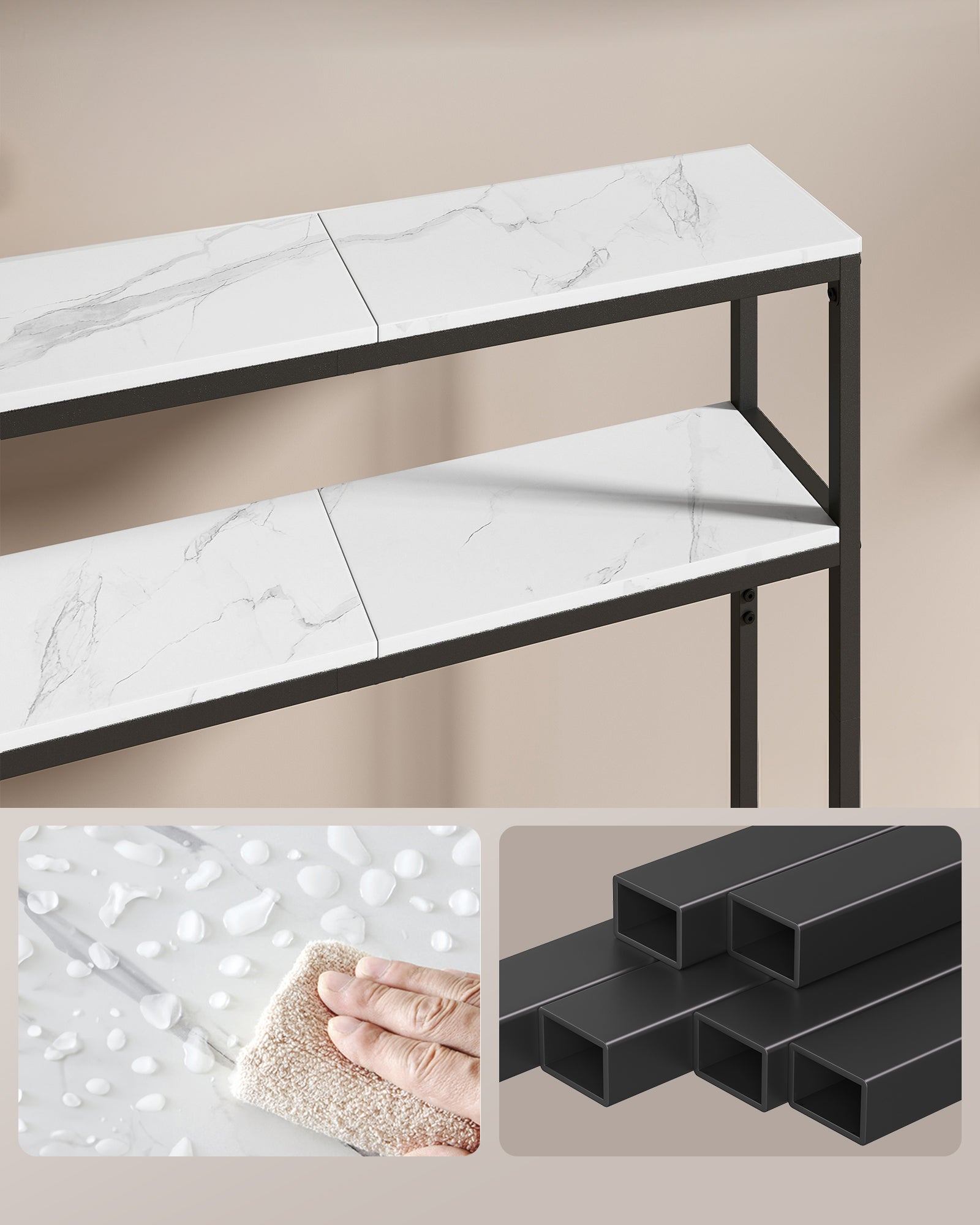 Tavolo Consolle Stretto Moderno con 2 Ripiani, 20 x 80 x 80 cm, Bianco Marmo e Nero Inchiostro - 5