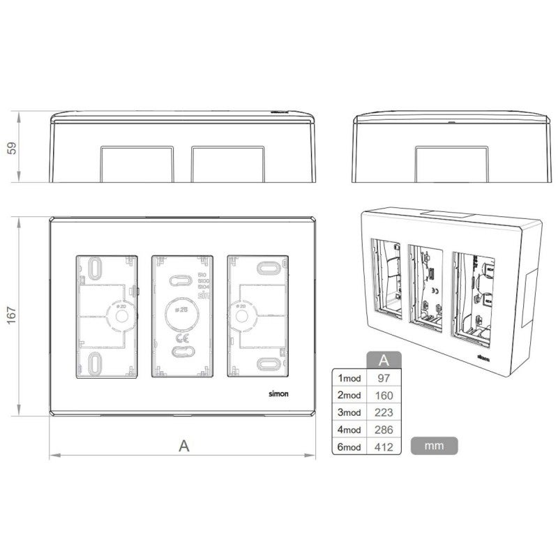 Kit de boîte murale de surface ou encastrée pour 3 éléments doubles avec 2 prises doubles et 2 plaques 1 RJ45 blanc Simon 500 Cima - 3
