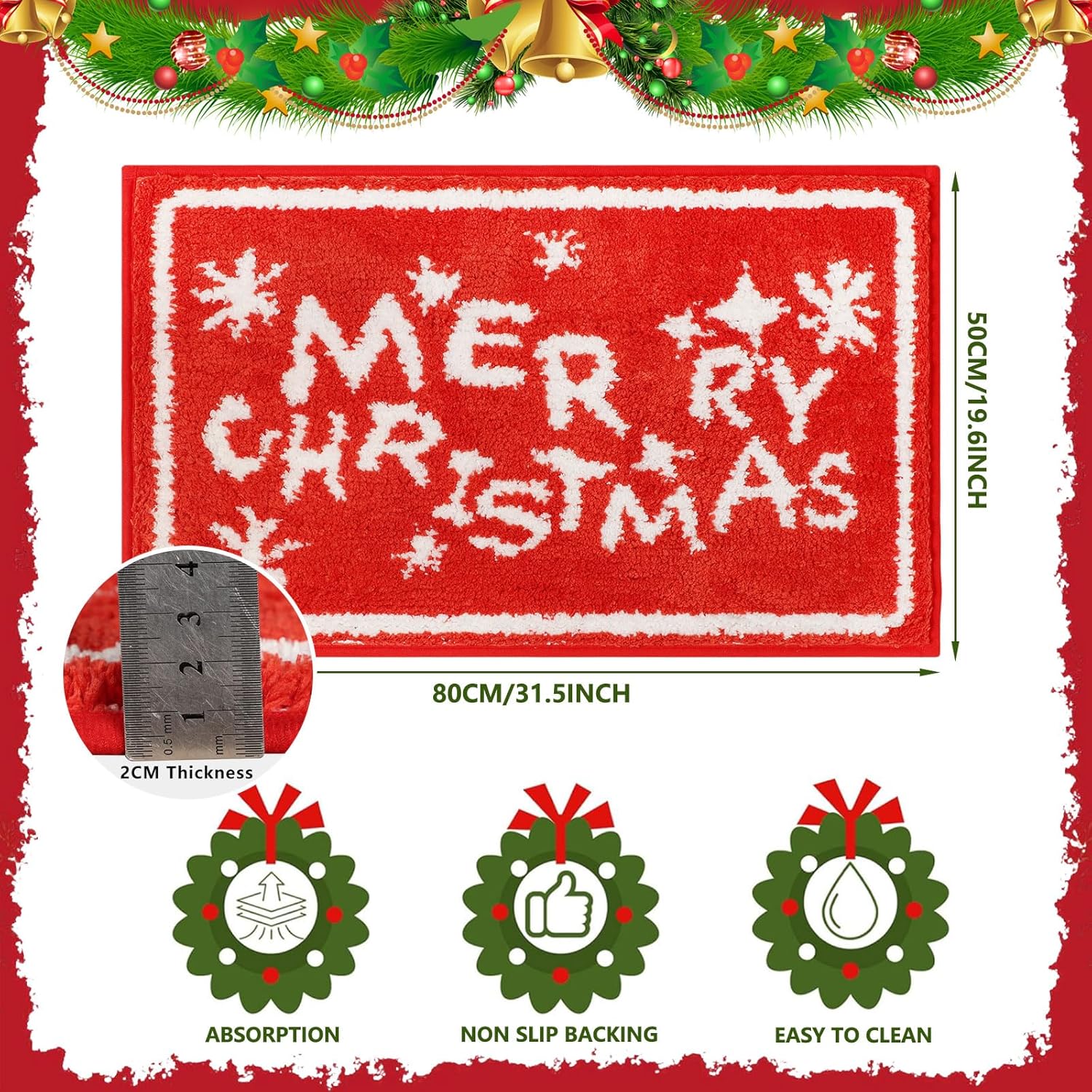 Tapis De Bain Noël Père Noël | Absorbant Antidérapant 80x50cm | Lavable Machine | Pour Salle De Bain, Cuisine, Chambre