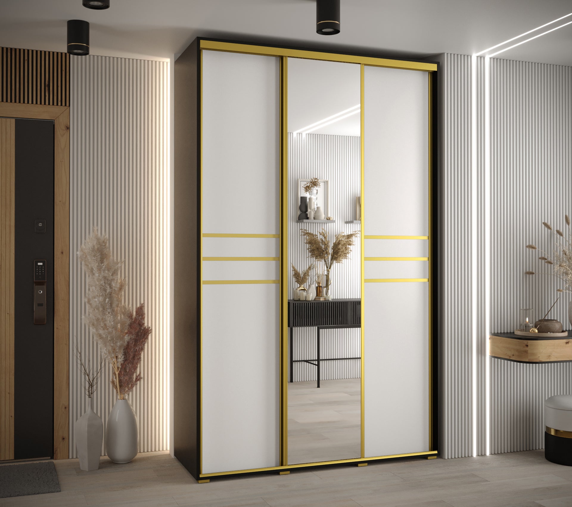 Szafa przesuwna z lustrem wysoka Davos 11 150 x 45 x 235,2 cm czarny + biały + u. złoty - Abiks Meble - 2
