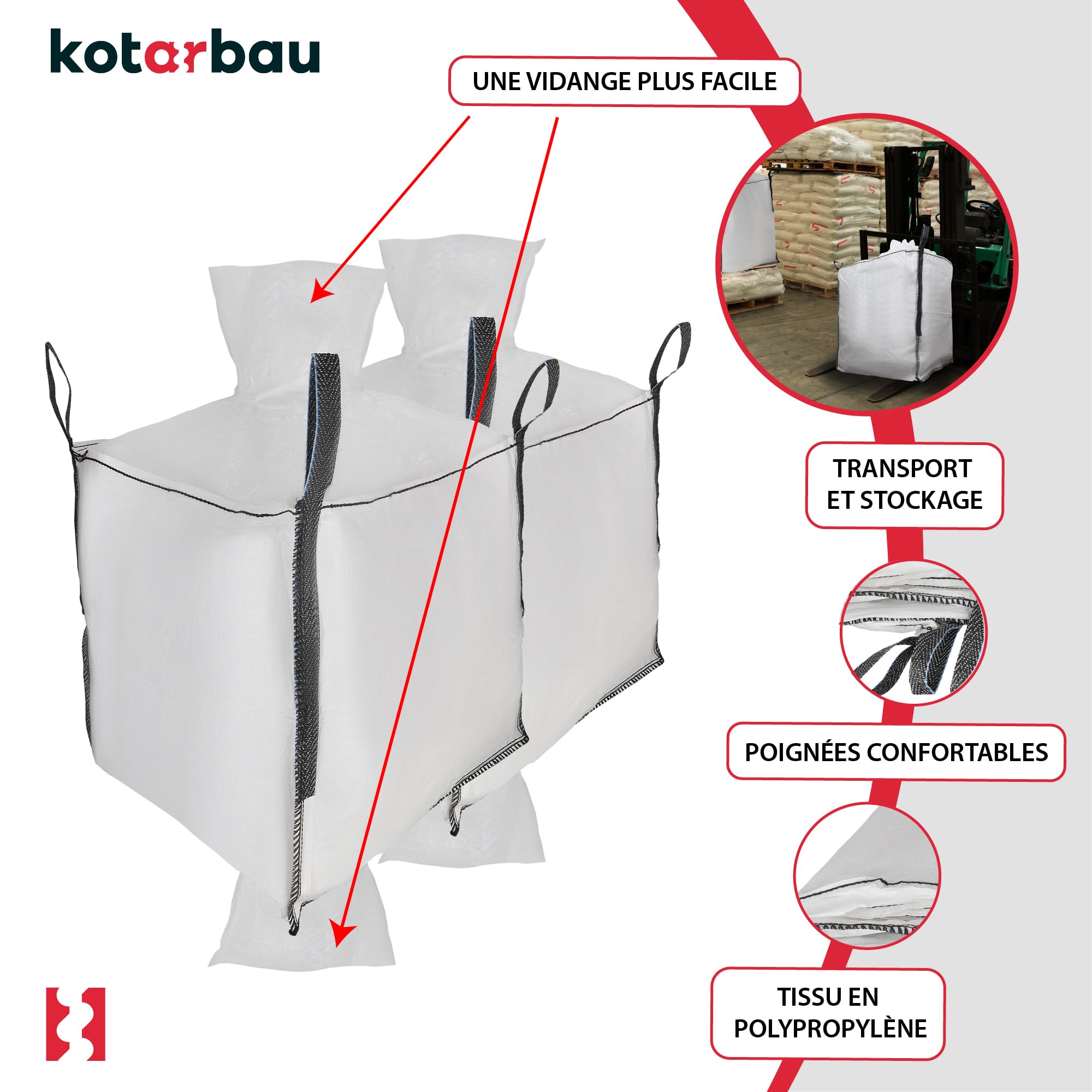 Sac Big Bag Vide, Sac Gravat Chantier 90 x 90 x 90 cm 500 kg avec trémie de vidange 2 pièces - KOTARBAU - 4