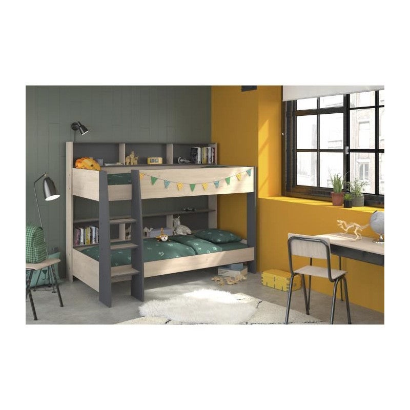 PARISOT Lits superposes enfant - Decor Chene Jackson et Gris Ombre - Sommiers inclus - 2 x 90 x 200 cm - JIM - 2