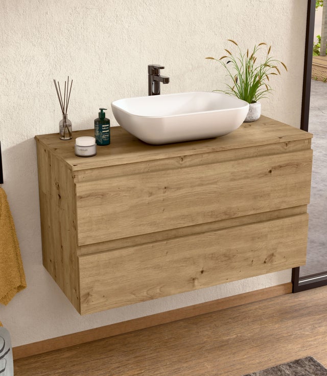 BELLOBATH - Mobile Bagno Sottolavabo con Lavabo in Ceramica, Mobile Sospeso 2 Cassetti, 80 x 55 x 46 cm, Mobile Rovere