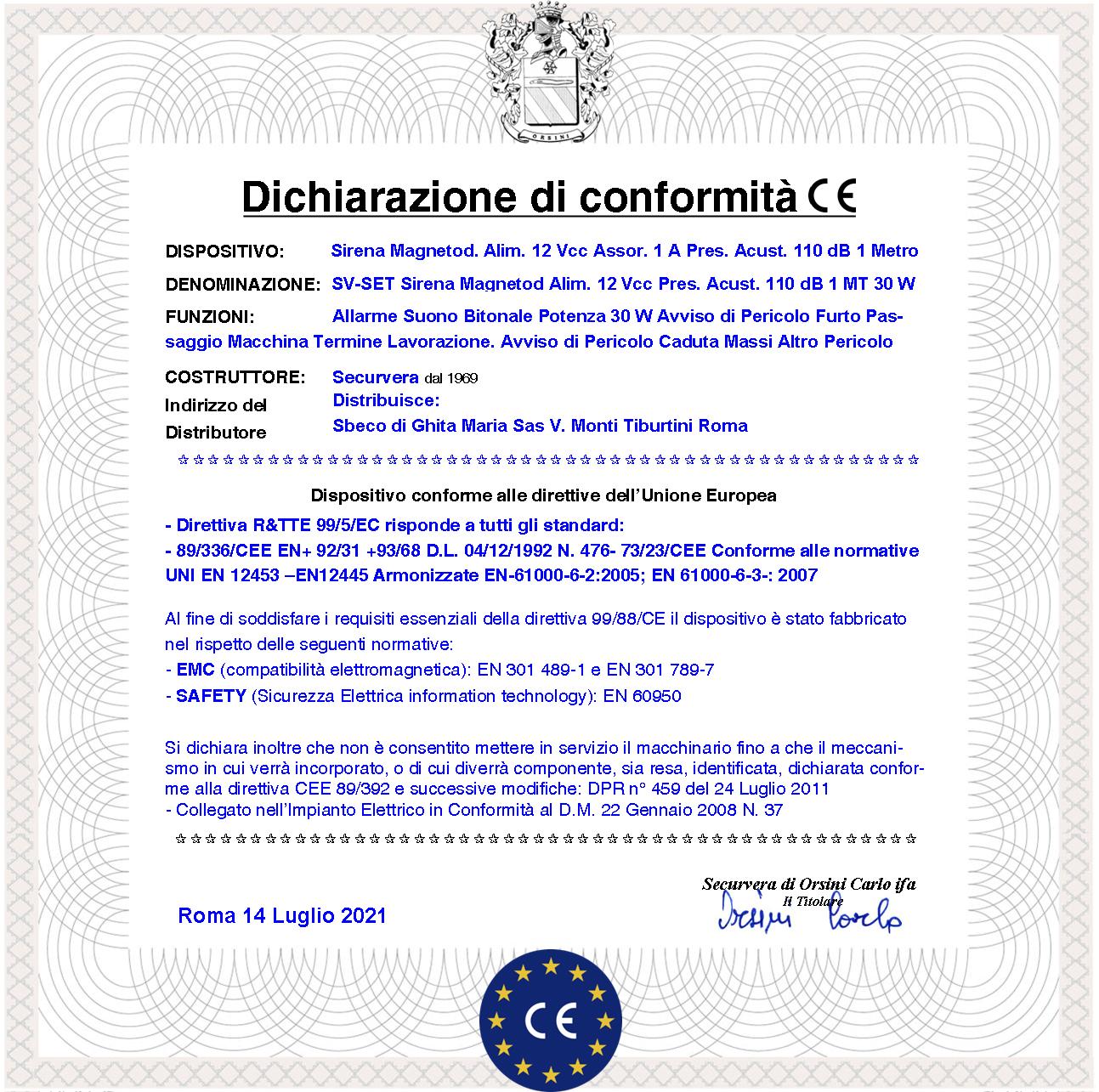 Sirena Altoparlante Magnetodinamico 3 Pezzi Acustica 110 dB Potenza 30 W Bitonale 1500 +/- 4000 Hz. Alimentazione 12 Vcc 2 Fili Polarizzati Staffa Fis - 2