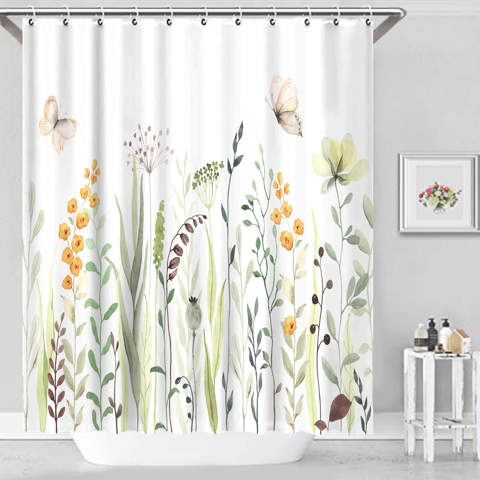 Zasłona prysznicowa, 180 x 200 cm, wzór kwiatów i roślin, z wodoodpornego i zmywalnego poliestru, z 12 pierścieniami.