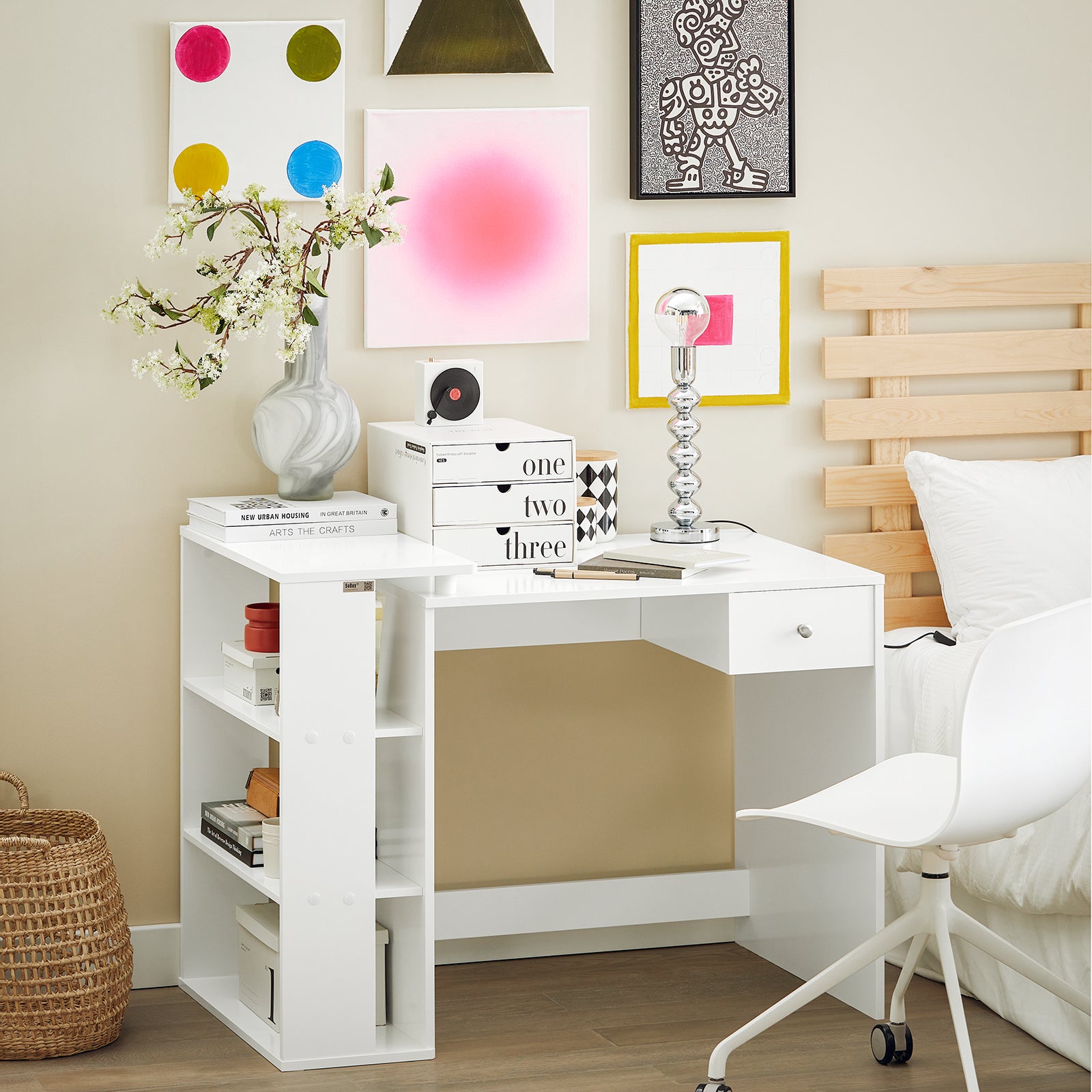 SoBuy FWT35-W Table Bureau Informatique Plan de Travail avec 3 étagères et 1 tiroir - Blanc - 9