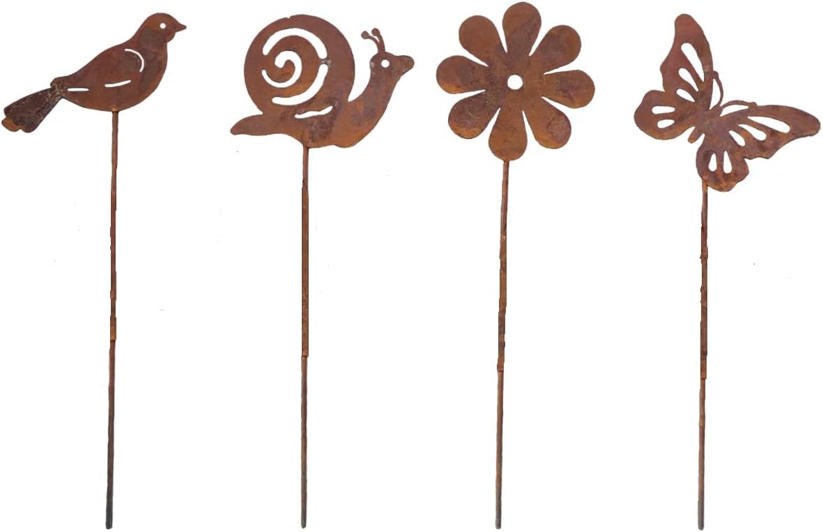 Zardzewiałe paliki ogrodowe w kształcie zwierząt – zestaw 4 szt. – dekoracja w stylu vintage na patio, balkon i do ogrodu