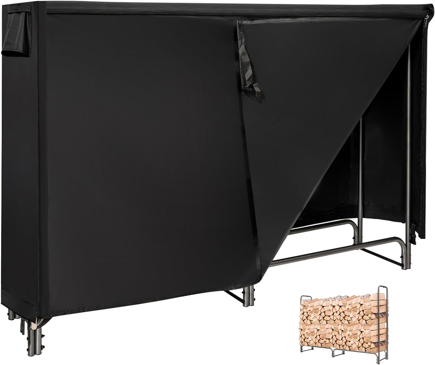 Stojak na Drewno na Zewnątrz 192 x 35,5 cm, z Wodoodpornym Pokrowcem z PVC, Stojak na Drewno Opałowe, Wysokość 122,5 cm, Czarny