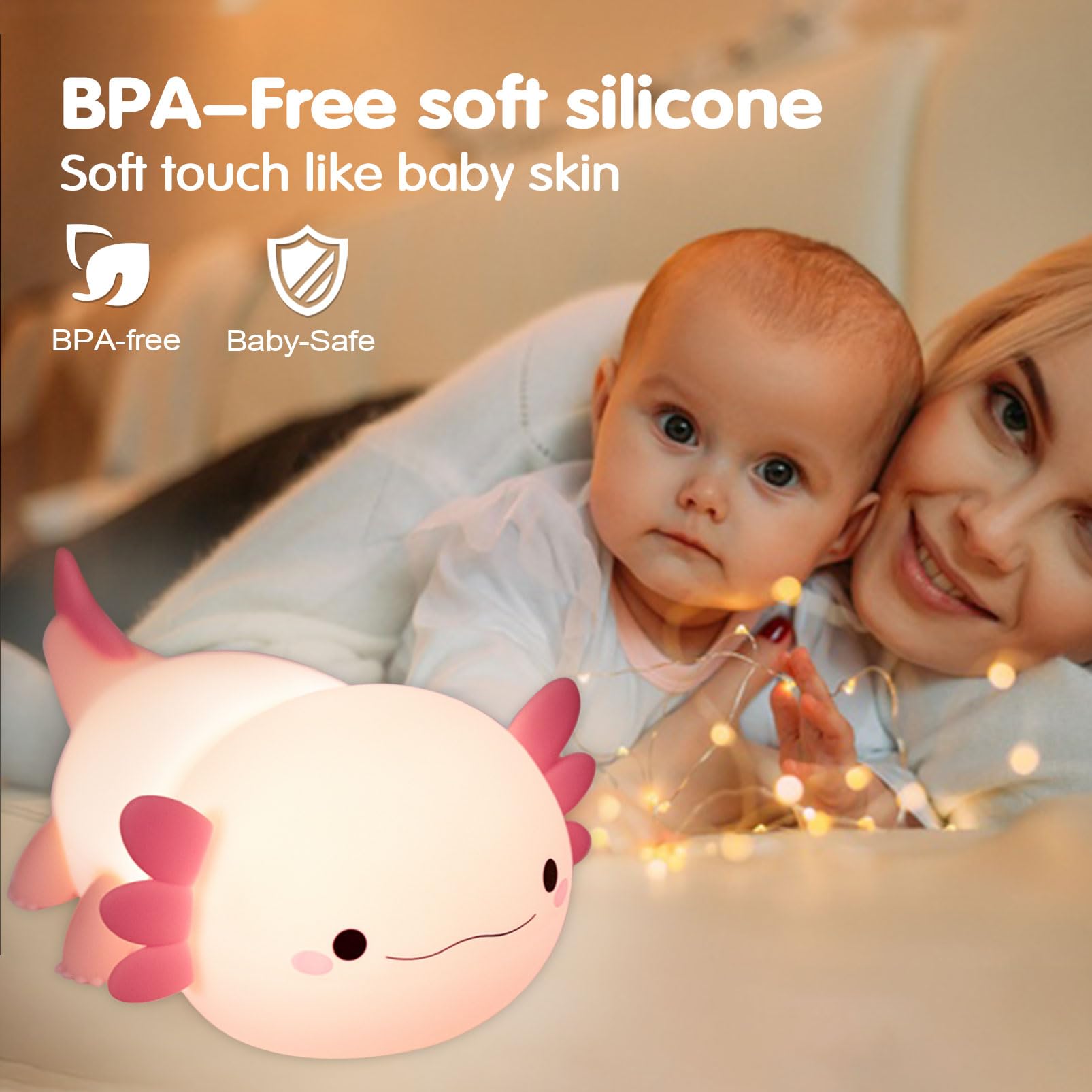 Luce Notturna Axolotl In Silicone Per Bambini | Dimmerabile Touch E Ricaricabile USB | Lampada Cameretta - 3