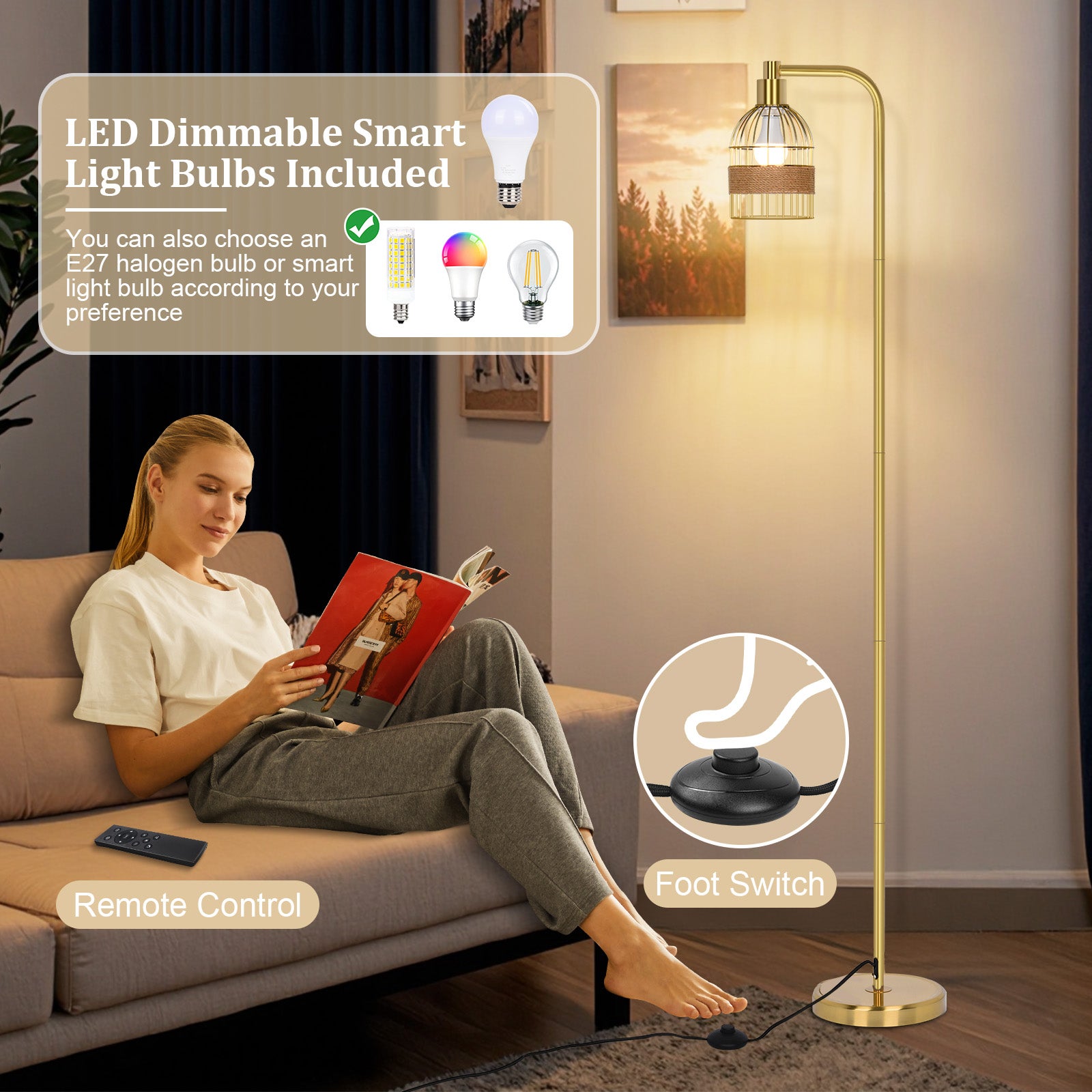 Lampadaire doré industriel – 170 cm, lampadaire sur pied design avec abat-jour en rotin, télécommande & variateur LED pour salon - 4