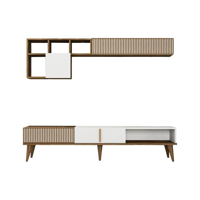 Parete Attrezzata Dmora Gemini - 180x40x35 Cm, Noce E Bianco, Per Salotto Con TV - Foto 3