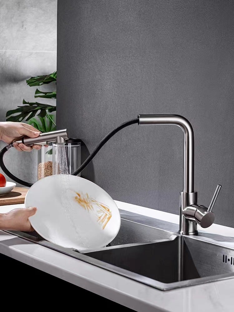 Wyciągana bateria kuchenna z wykończeniem szczotkowanym, bateria zlewozmywakowa z funkcją prysznica, dwa tryby natrysku, opcja ciepłej i zimnej wody