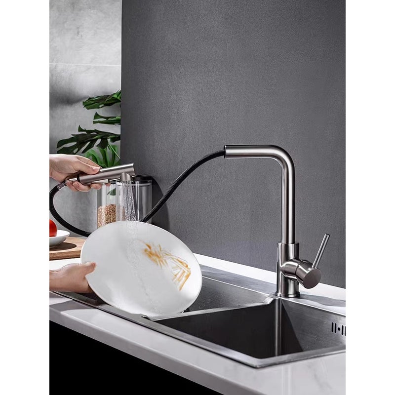 Wyciągana bateria kuchenna z wykończeniem szczotkowanym, bateria zlewozmywakowa z funkcją prysznica, dwa tryby natrysku, opcja ciepłej i zimnej wody