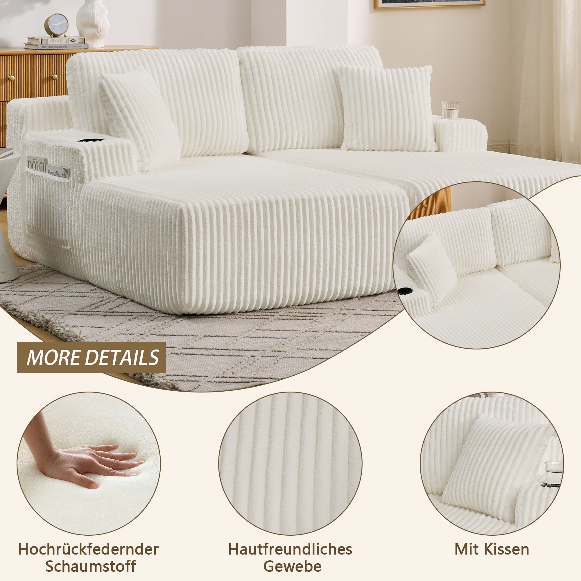 Canapé convertible 2 places avec fonction relax, Canapé tissu velours côtelé doux avec poche latérale porte gobelet coussins confortable, beige - 6