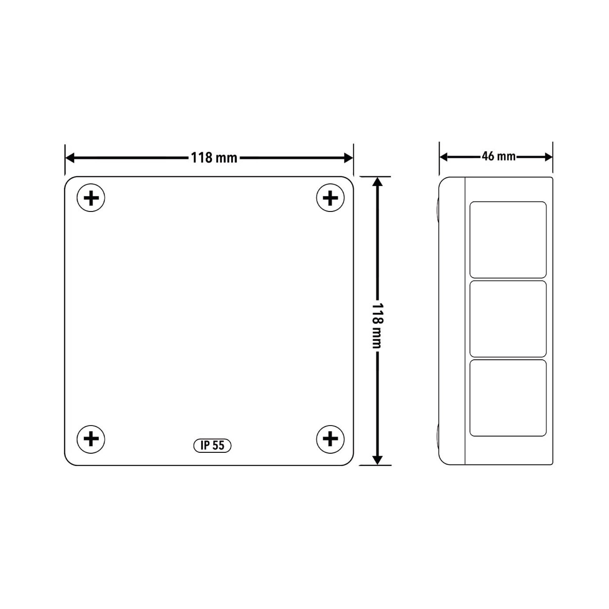 Puszka natynkowa hermetyczna 118x118x46mm 12-wlotowa, z dławikami gumowymi, IP55 zamknięcie 