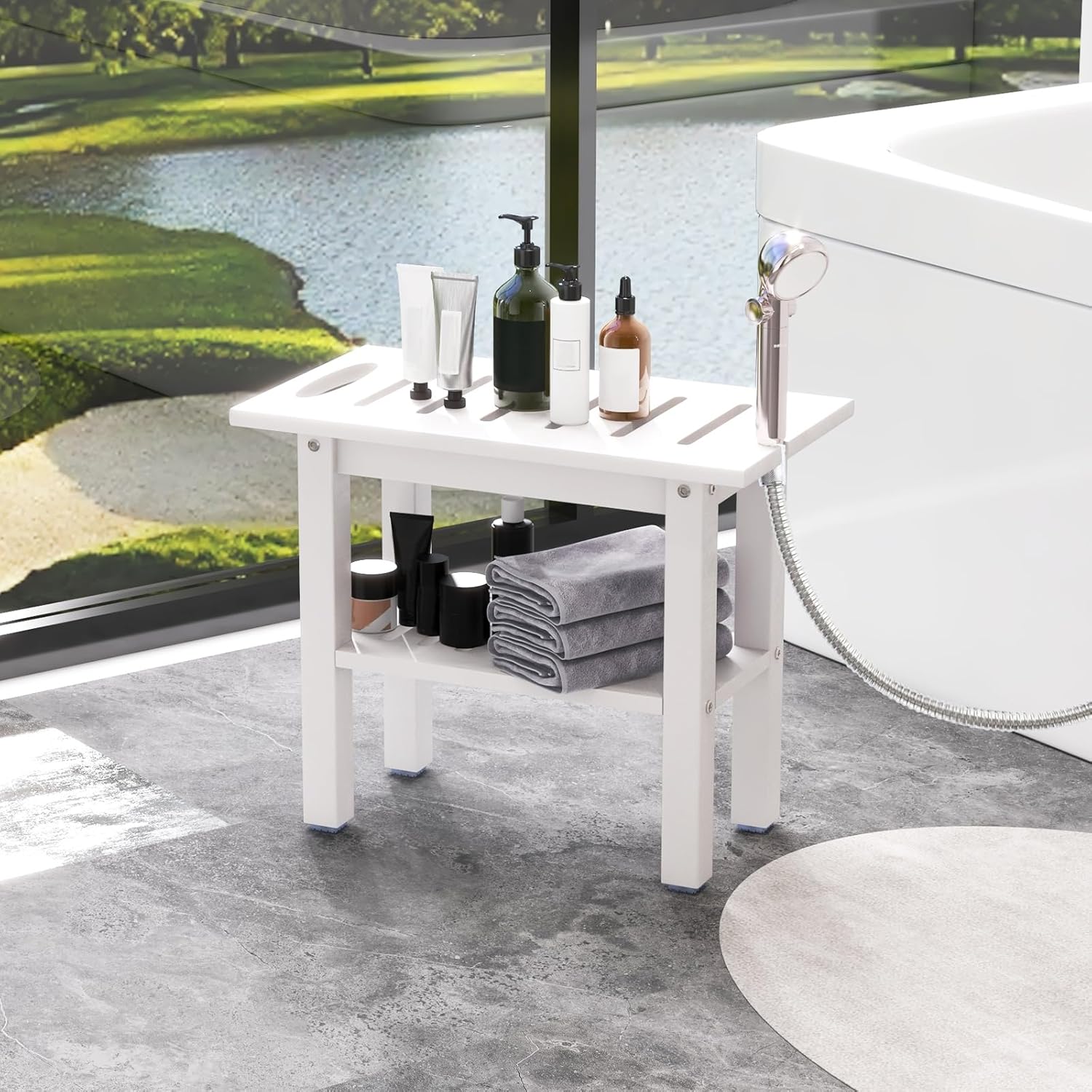 Tabouret Salle de Bain, Banc de Douche à 2 Niveaux en HDPE, Support de Douche, Poignée, Patins Antidérapants, 55 × 30 × 45 cm, Blanc - 9