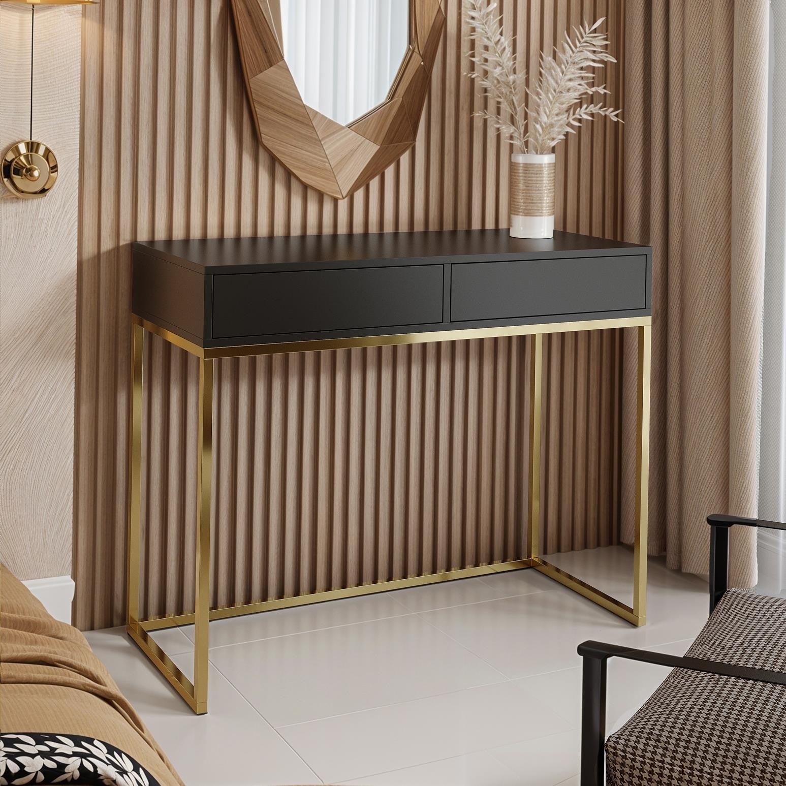 Nowoczesna czarna toaletka 100 CUBIC w stylu loft na złotym stelażu – Elegancka toaletka do minimalistycznych wnętrz - 2
