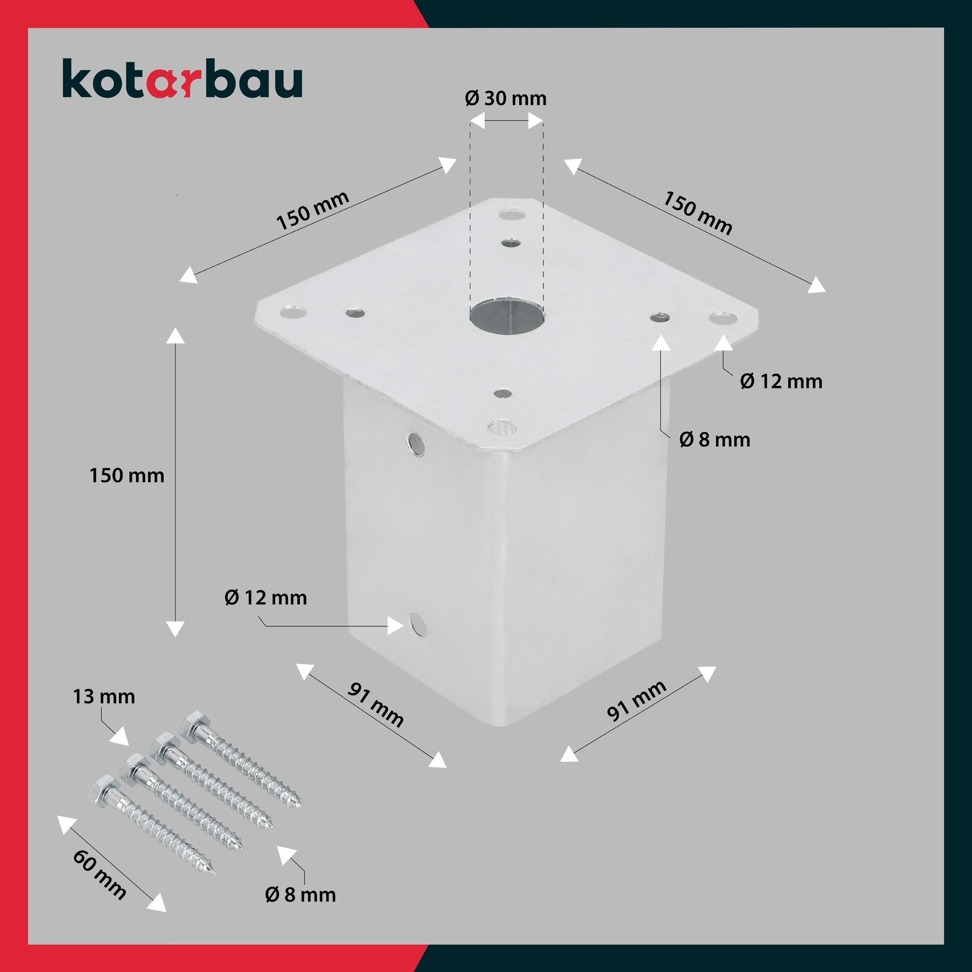 Support Poteau Bois - à Visser - Acier Galvanisé - 90 x 90 mm - Argent - Pied de Poteau - Fixation Robuste - Résistant à la Corrosion KOTARBAU - 3