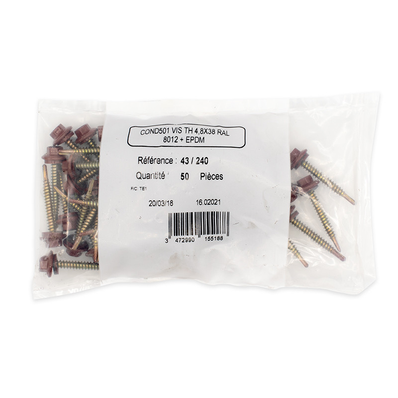 50 vis de fixation en plage pour support bois 4.8x38 | Rouge Tuile | RAL 8012 - 2