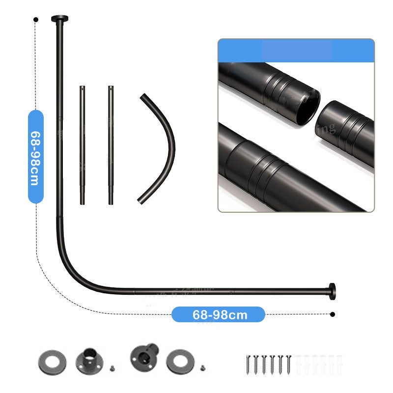 Bastone per tenda da doccia a L, bastone angolare regolabile per tenda da doccia, per vasca da bagno, 68-98 x 68-98cm,installazione con foratura(nero) - 3