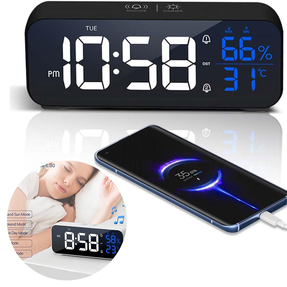 ThreeH Orologio da tavolo a LED con superficie a specchio, doppio allarme e snooze, 5 livelli di luminosità, visualizzazione data/temperatura, compatto, per camera da letto/ufficio ThreeH Orologio da tavolo a LED con superficie a specchio, doppio allarme e snooze, 5 livelli di luminosità, visualizzazione data/temperatura, compatto, per camera da letto/ufficio